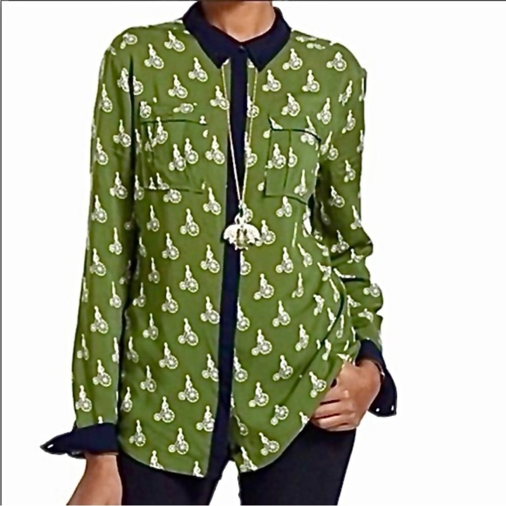 Women's Maeve Green & Black Bicycle Print Blouse Size 2